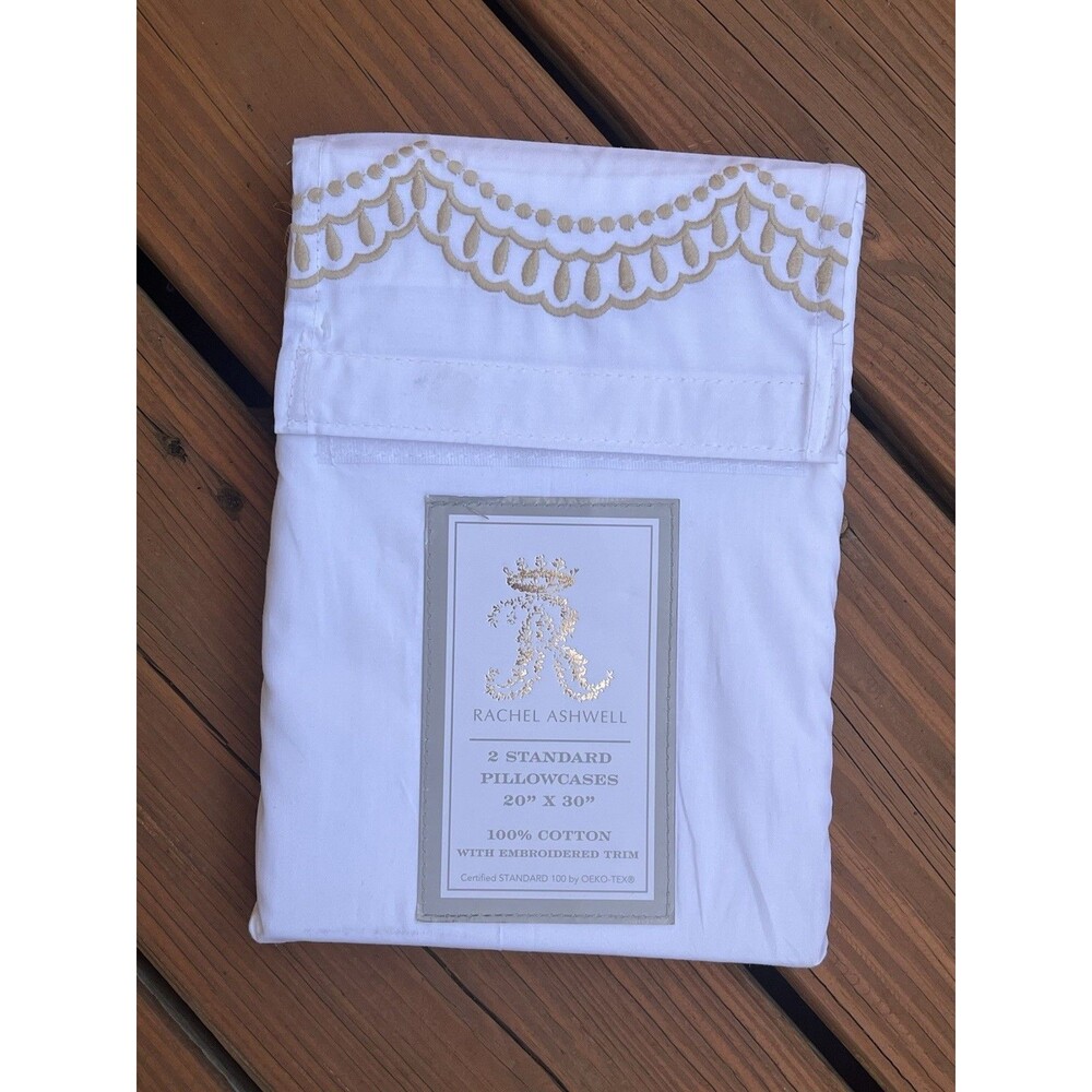 Rachel Ashwell Standard Pillowcases WHITE COTTON Tan EMBROIDERED Trim New